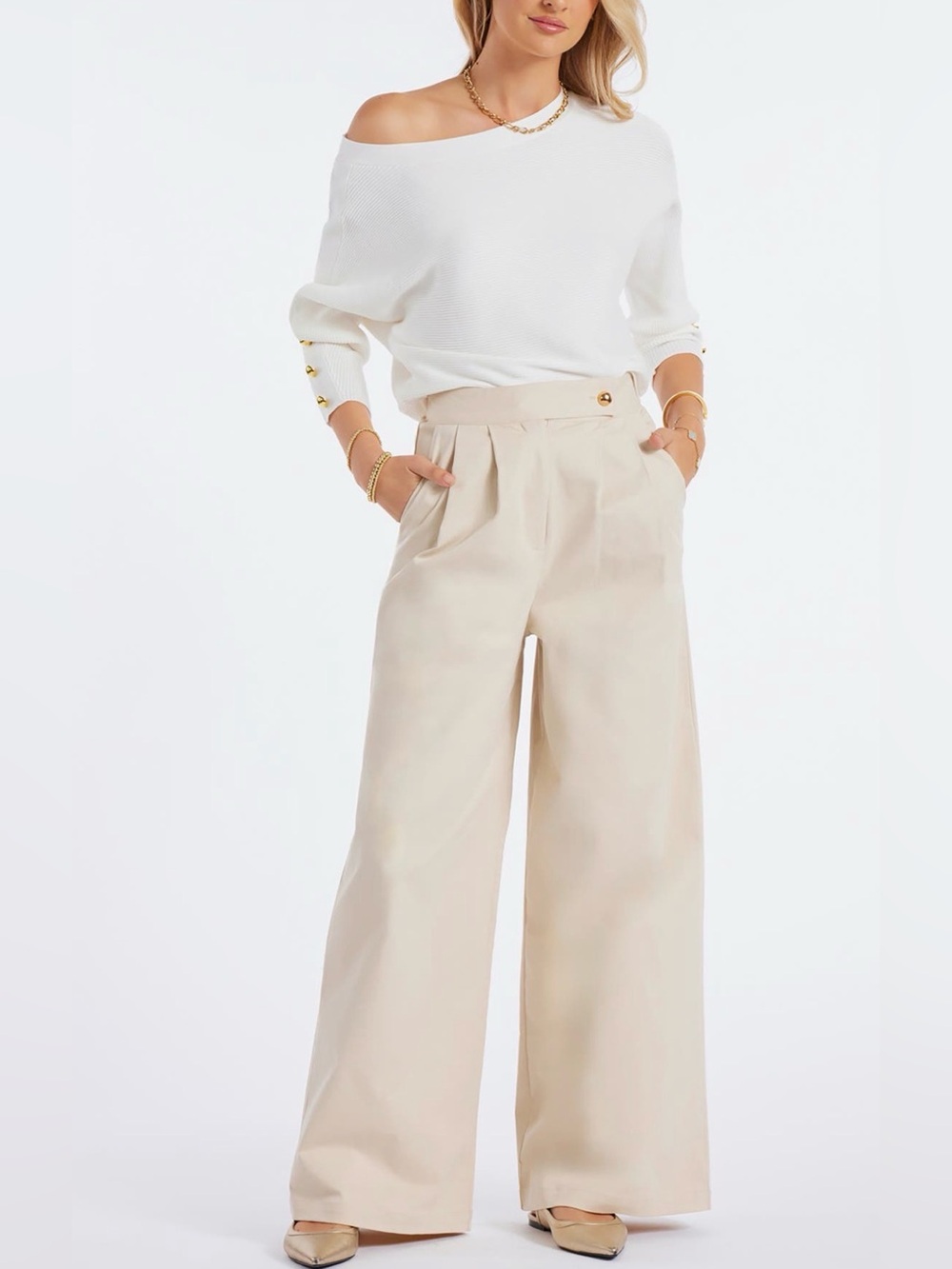 NWT Bishop + Young Alessandro Cream Beige Wide Leg Trouser Pants Size M